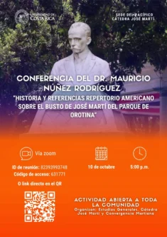 imagen representativa conferencia Historia y referencias Repertorio Americano sobre el busto 
José Martí del parque de Orotina